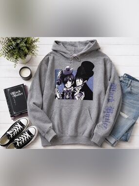 Black Butler Anime Gray Pullover Hoodie Size Large Ciel Sebastian Graphic Manga